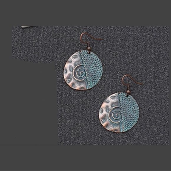 Round Textured Hammered Beaded Swirls Patina Hanging Earrings Jewelry NEW - Picture 2 of 3